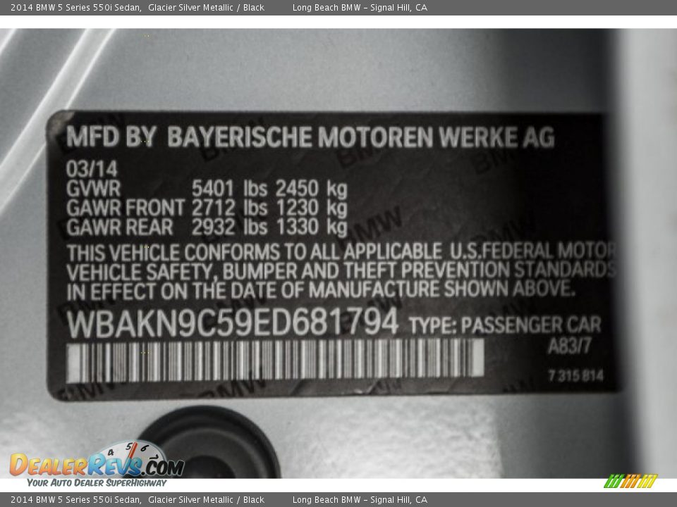 2014 BMW 5 Series 550i Sedan Glacier Silver Metallic / Black Photo #17