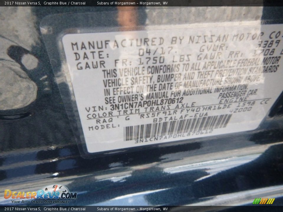 2017 Nissan Versa S Graphite Blue / Charcoal Photo #17