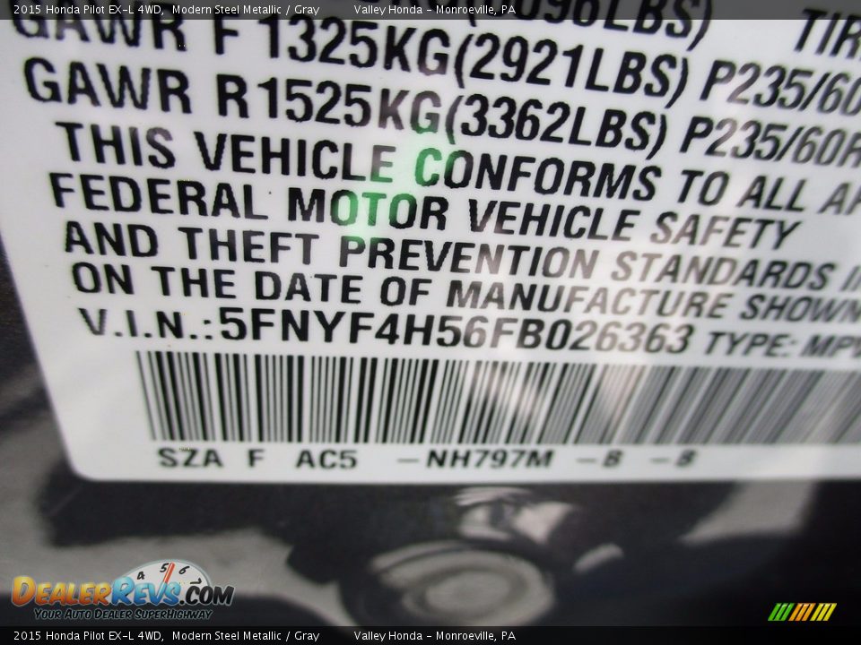 2015 Honda Pilot EX-L 4WD Modern Steel Metallic / Gray Photo #19