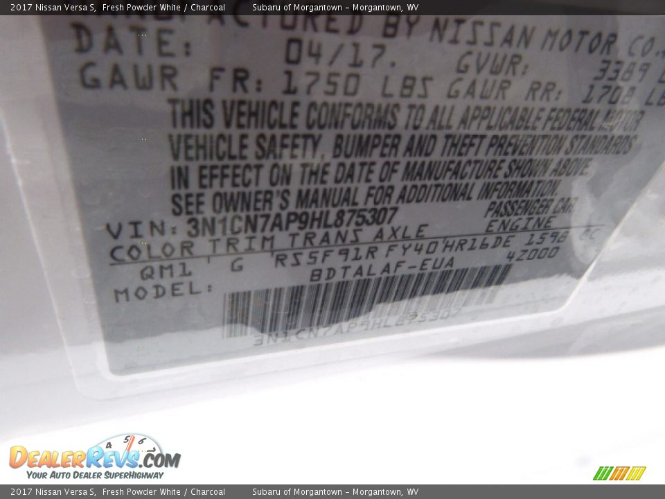 2017 Nissan Versa S Fresh Powder White / Charcoal Photo #17