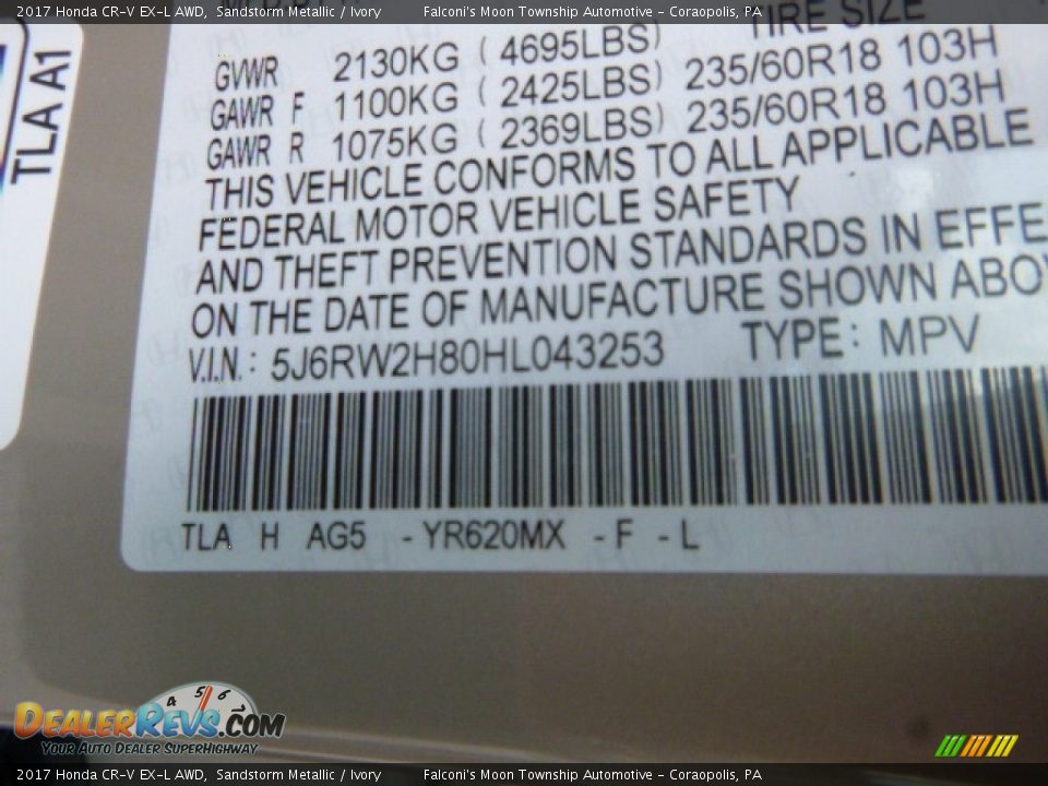 2017 Honda CR-V EX-L AWD Sandstorm Metallic / Ivory Photo #12