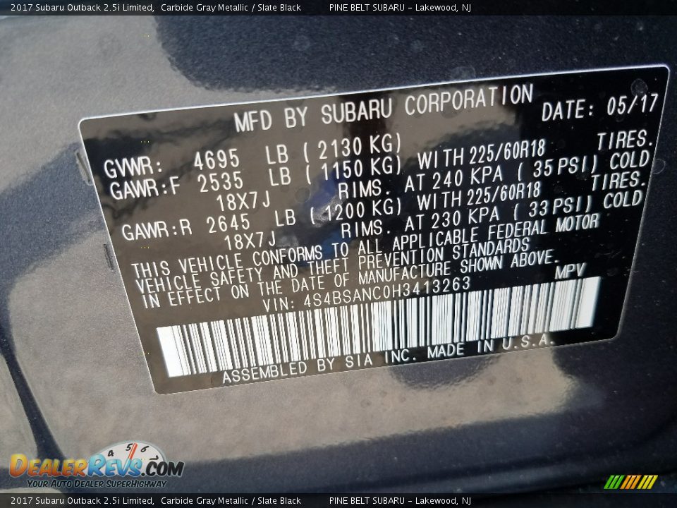 2017 Subaru Outback 2.5i Limited Carbide Gray Metallic / Slate Black Photo #9