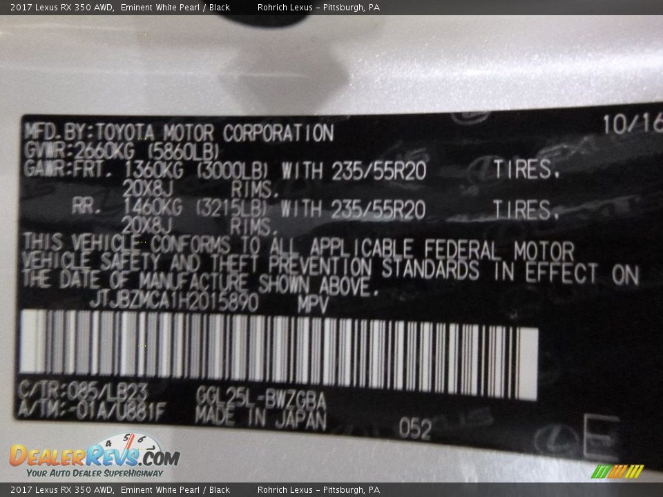 2017 Lexus RX 350 AWD Eminent White Pearl / Black Photo #10