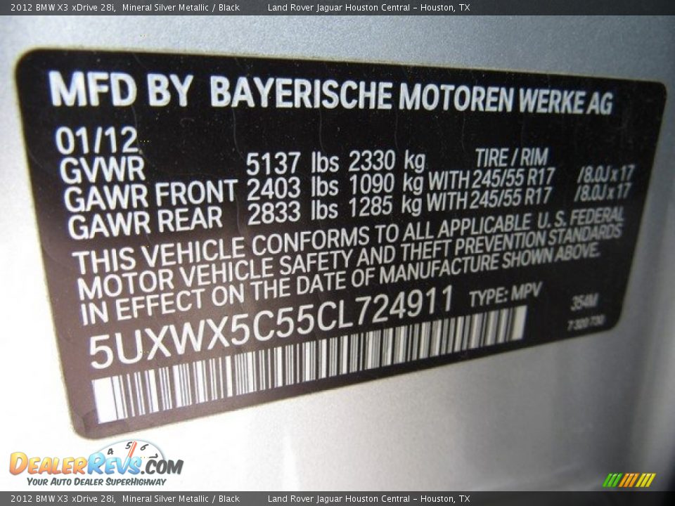 2012 BMW X3 xDrive 28i Mineral Silver Metallic / Black Photo #34