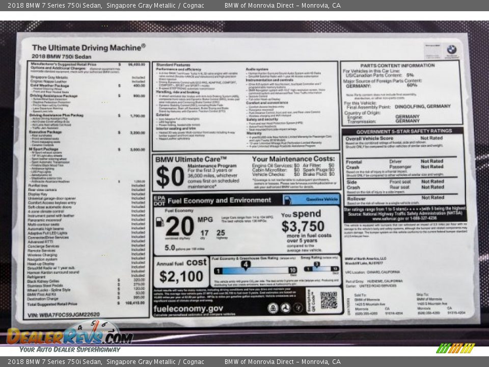 2018 BMW 7 Series 750i Sedan Window Sticker Photo #10