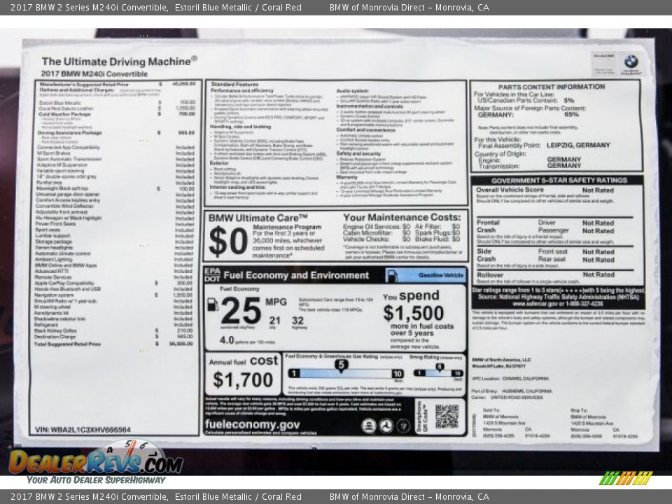 2017 BMW 2 Series M240i Convertible Window Sticker Photo #10