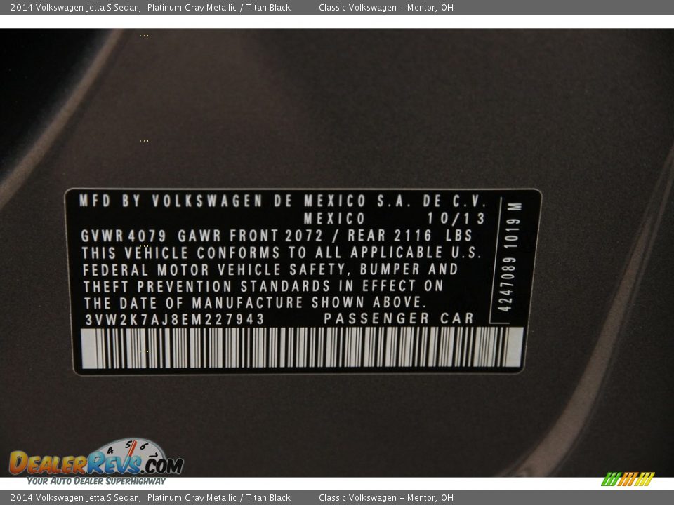 2014 Volkswagen Jetta S Sedan Platinum Gray Metallic / Titan Black Photo #17