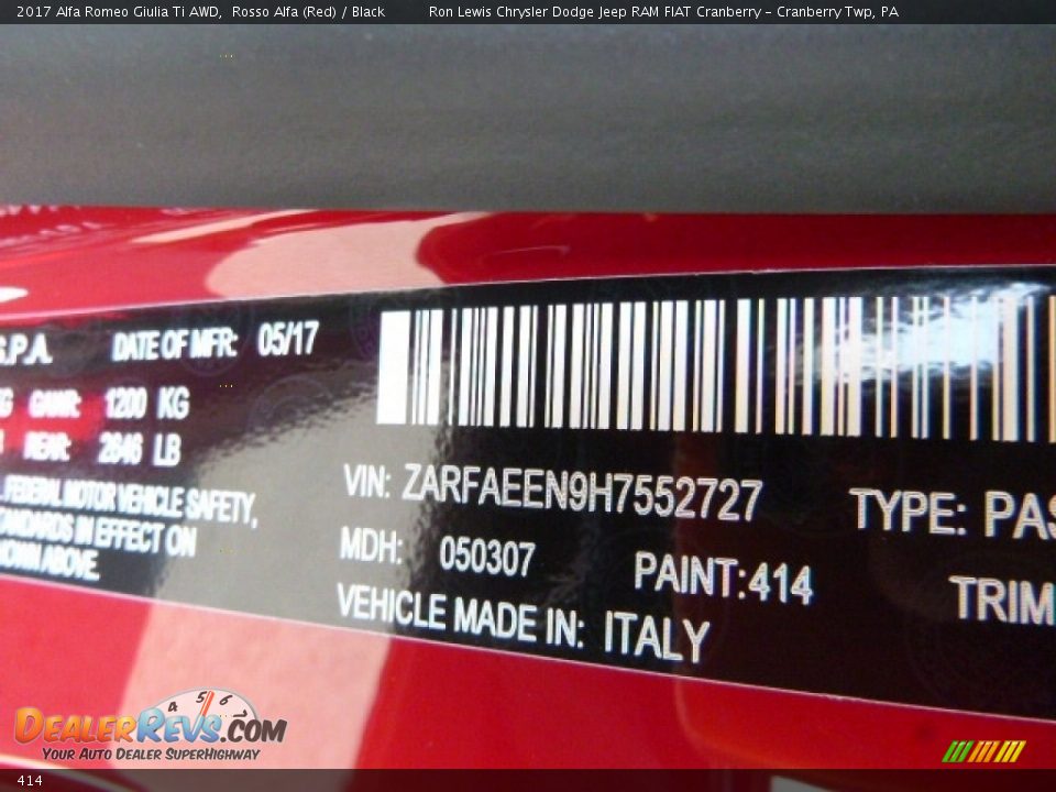Alfa Romeo Color Code 414 Rosso Alfa (Red)
