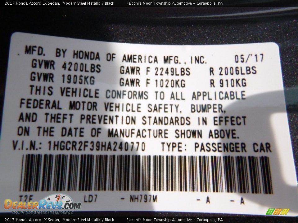 2017 Honda Accord LX Sedan Modern Steel Metallic / Black Photo #14