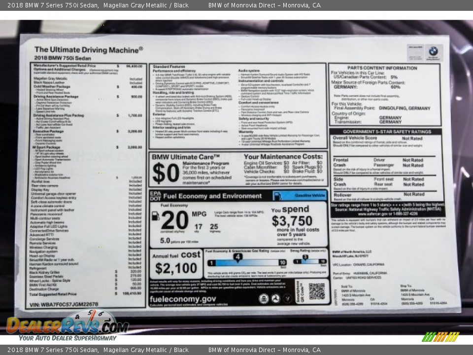 2018 BMW 7 Series 750i Sedan Window Sticker Photo #10