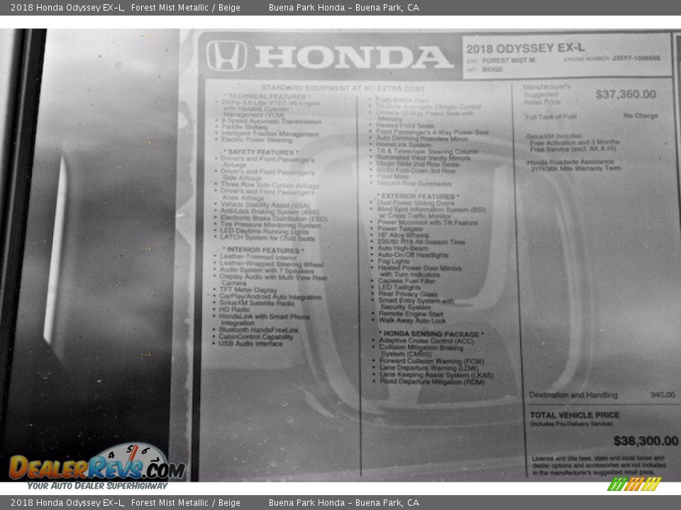 2018 Honda Odyssey EX-L Window Sticker Photo #19