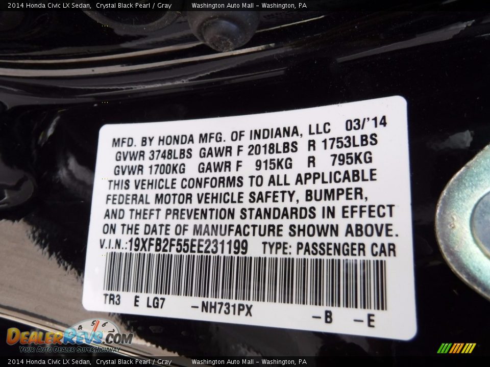2014 Honda Civic LX Sedan Crystal Black Pearl / Gray Photo #24