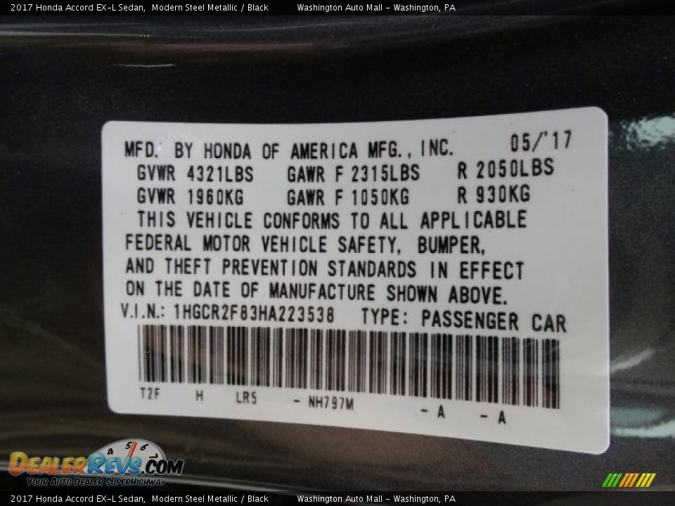 2017 Honda Accord EX-L Sedan Modern Steel Metallic / Black Photo #8