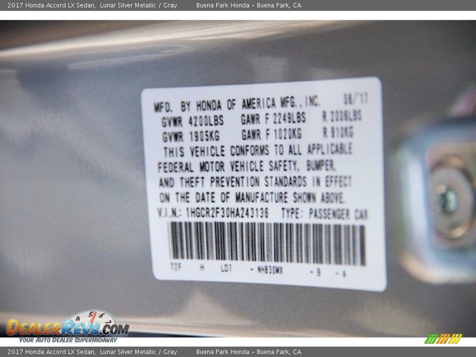 2017 Honda Accord LX Sedan Lunar Silver Metallic / Gray Photo #17