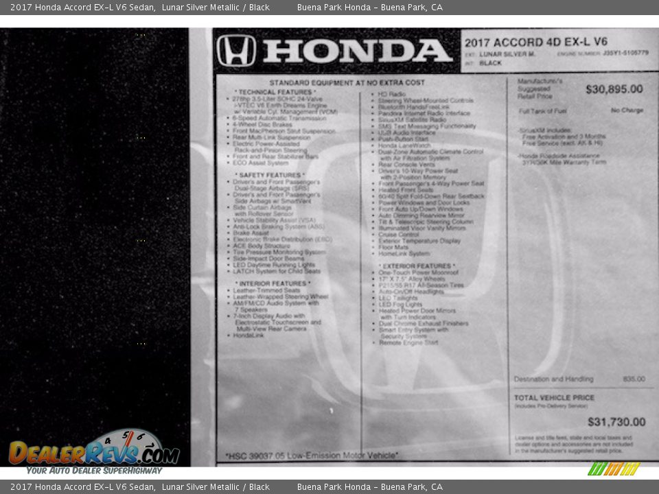 2017 Honda Accord EX-L V6 Sedan Lunar Silver Metallic / Black Photo #19