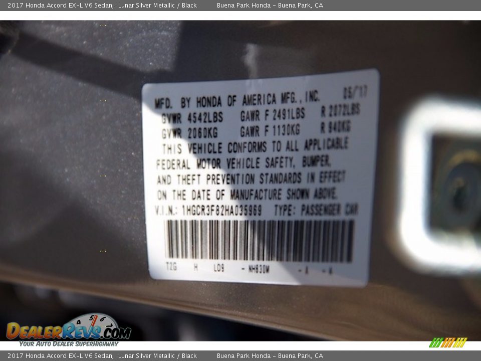 2017 Honda Accord EX-L V6 Sedan Lunar Silver Metallic / Black Photo #21