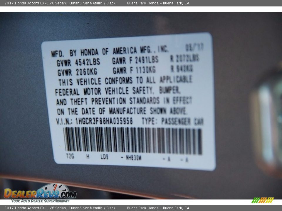 2017 Honda Accord EX-L V6 Sedan Lunar Silver Metallic / Black Photo #19