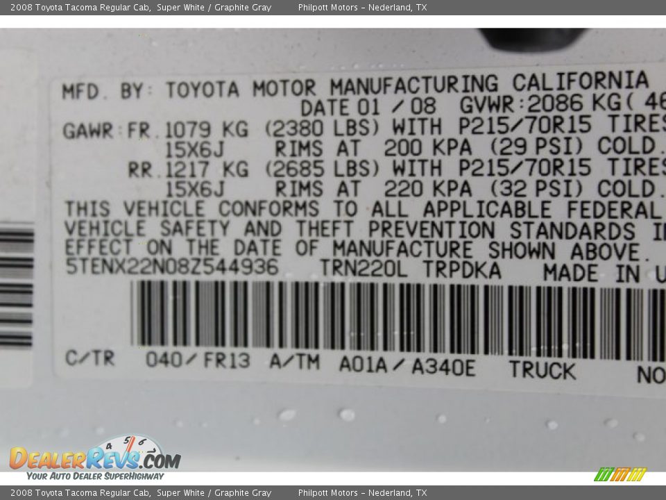 2008 Toyota Tacoma Regular Cab Super White / Graphite Gray Photo #25