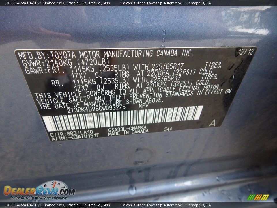 2012 Toyota RAV4 V6 Limited 4WD Pacific Blue Metallic / Ash Photo #24