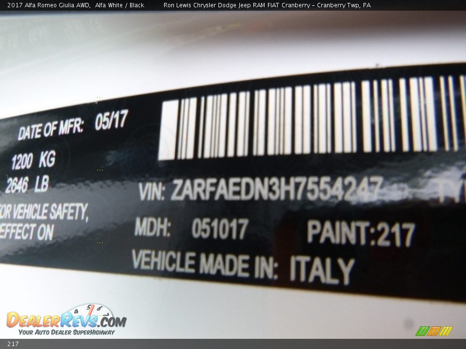 Alfa Romeo Color Code 217 Alfa White