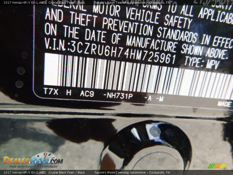 2017 Honda HR-V EX-L AWD Crystal Black Pearl / Black Photo #14