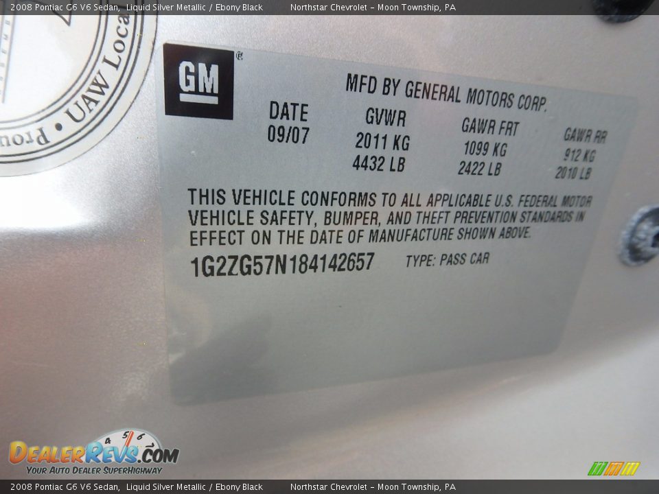 2008 Pontiac G6 V6 Sedan Liquid Silver Metallic / Ebony Black Photo #14