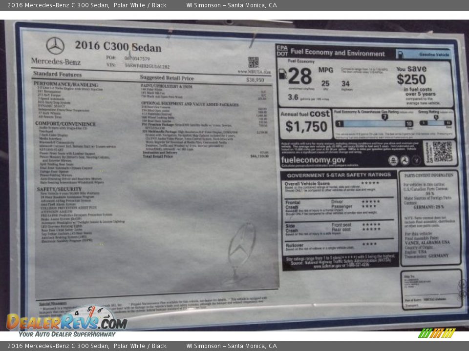 2016 Mercedes-Benz C 300 Sedan Polar White / Black Photo #11