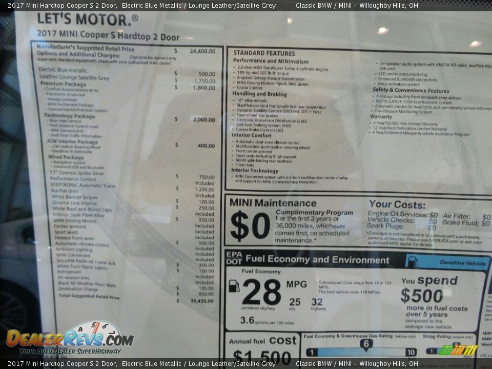 2017 Mini Hardtop Cooper S 2 Door Electric Blue Metallic / Lounge Leather/Satellite Grey Photo #7