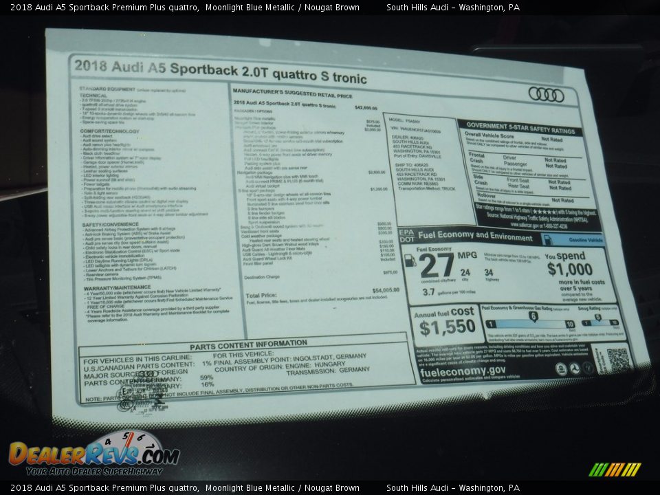 2018 Audi A5 Sportback Premium Plus quattro Window Sticker Photo #8