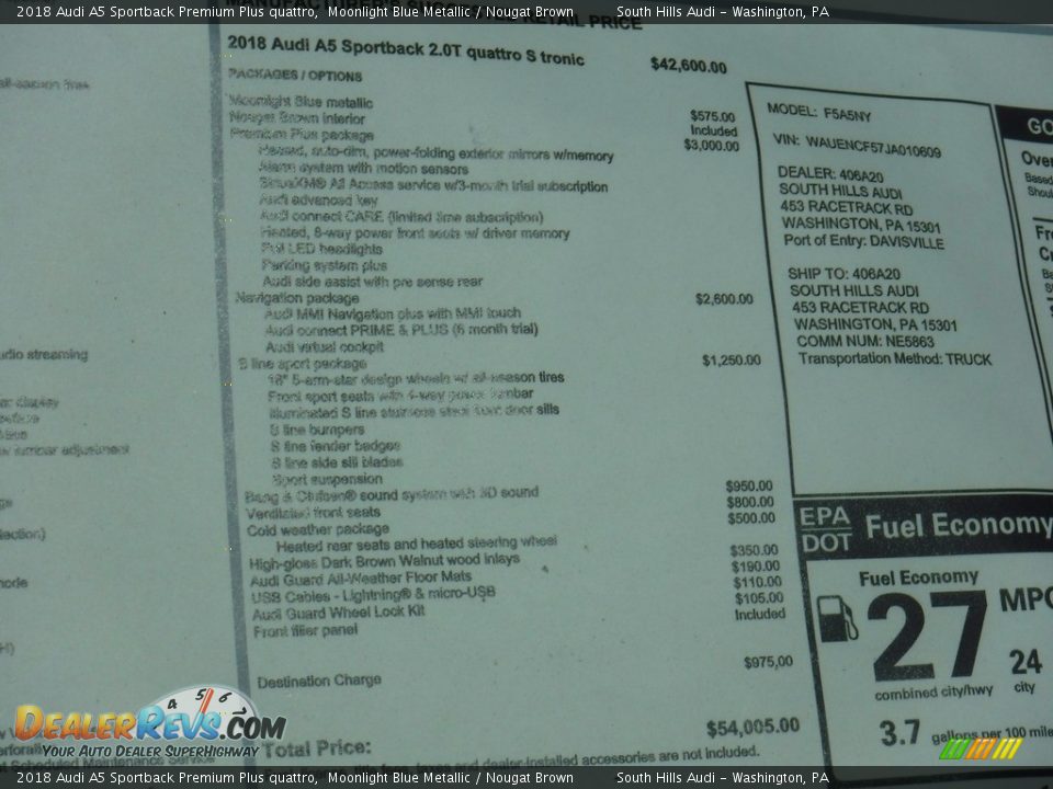 2018 Audi A5 Sportback Premium Plus quattro Window Sticker Photo #9