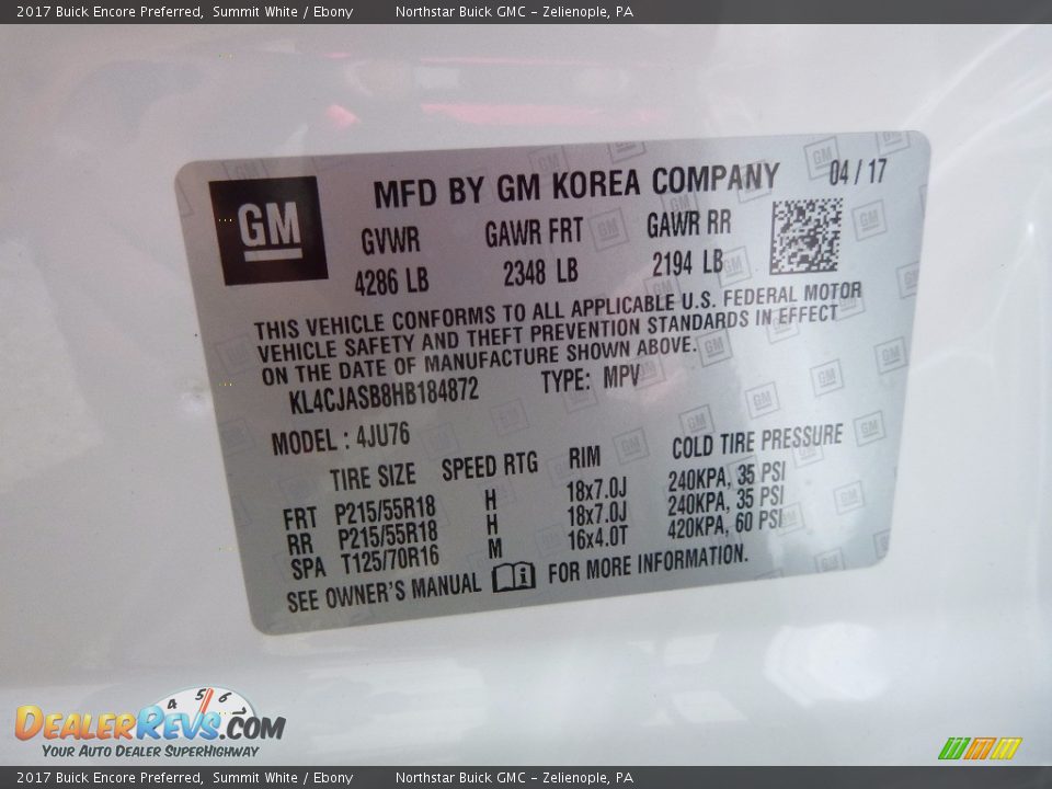 2017 Buick Encore Preferred Summit White / Ebony Photo #16