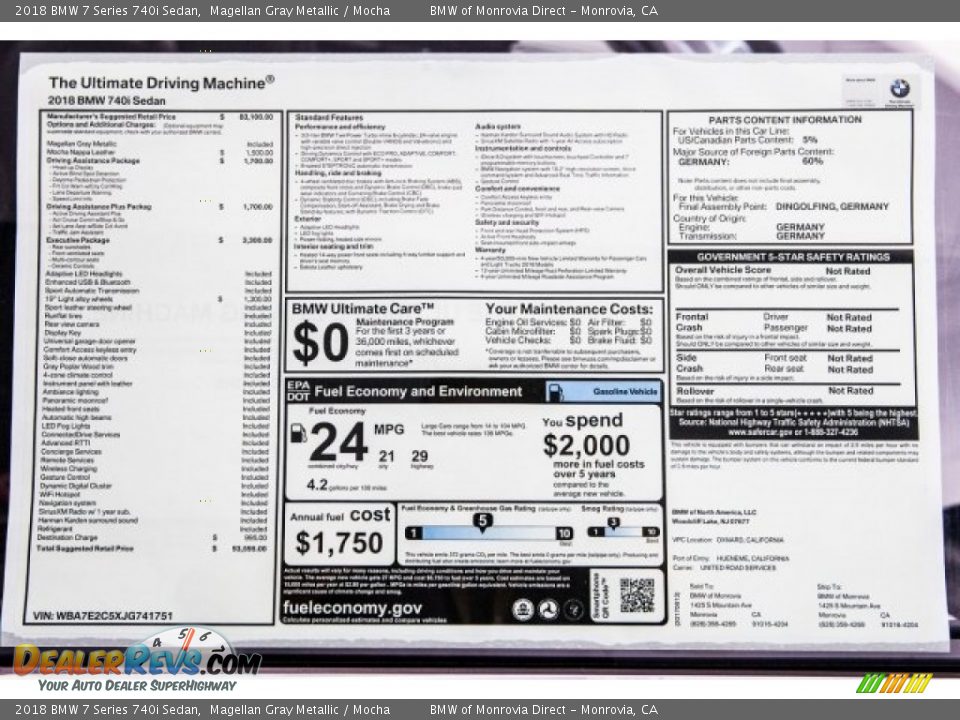 2018 BMW 7 Series 740i Sedan Window Sticker Photo #10