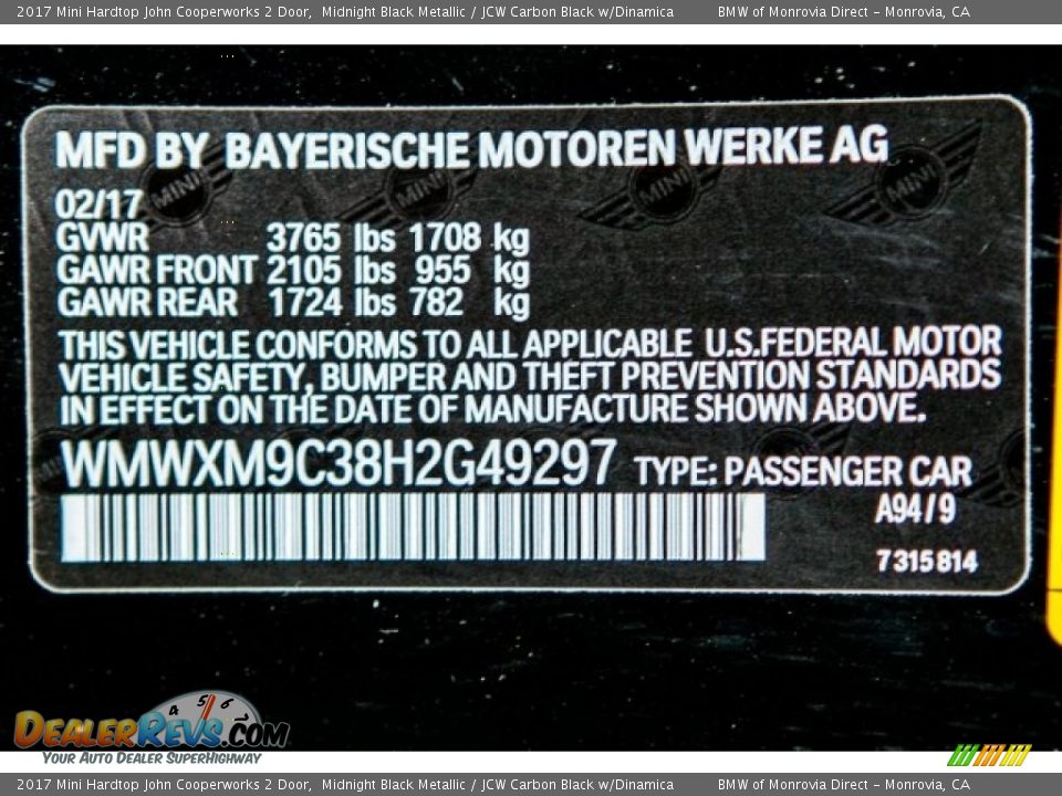 2017 Mini Hardtop John Cooperworks 2 Door Midnight Black Metallic / JCW Carbon Black w/Dinamica Photo #11