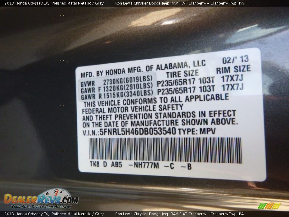 2013 Honda Odyssey EX Polished Metal Metallic / Gray Photo #16