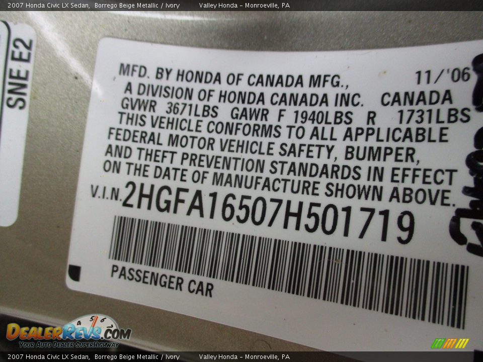 2007 Honda Civic LX Sedan Borrego Beige Metallic / Ivory Photo #19
