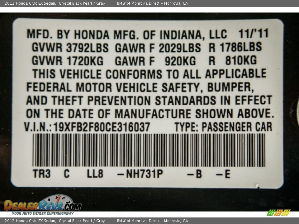 2012 Honda Civic EX Sedan Crystal Black Pearl / Gray Photo #22
