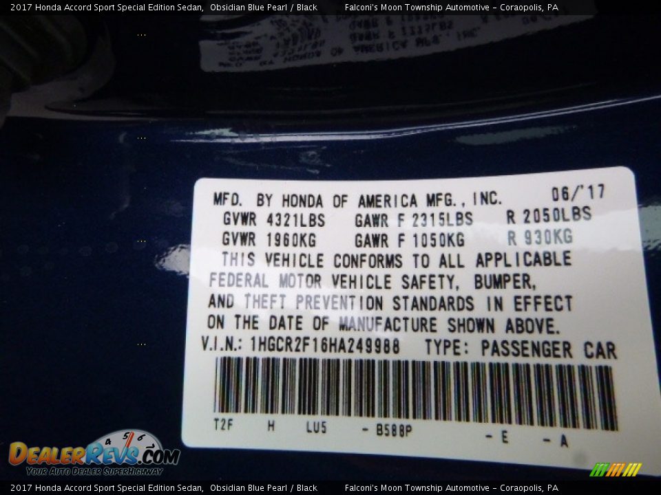 2017 Honda Accord Sport Special Edition Sedan Obsidian Blue Pearl / Black Photo #12