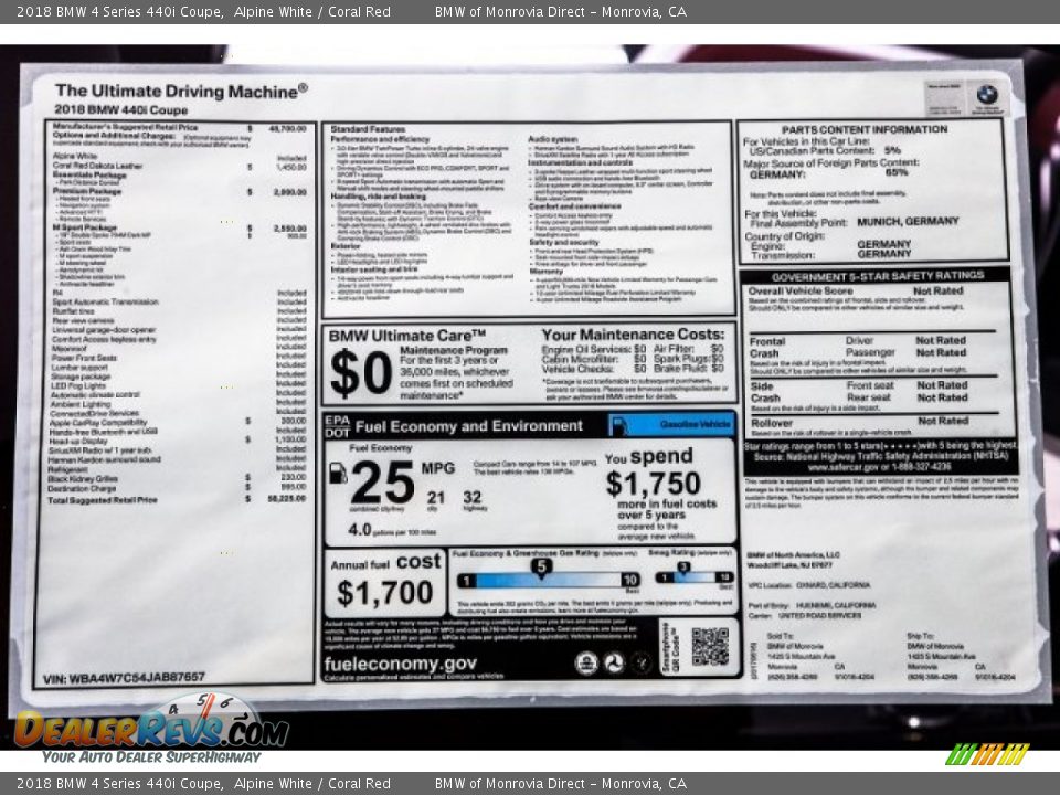 2018 BMW 4 Series 440i Coupe Window Sticker Photo #10