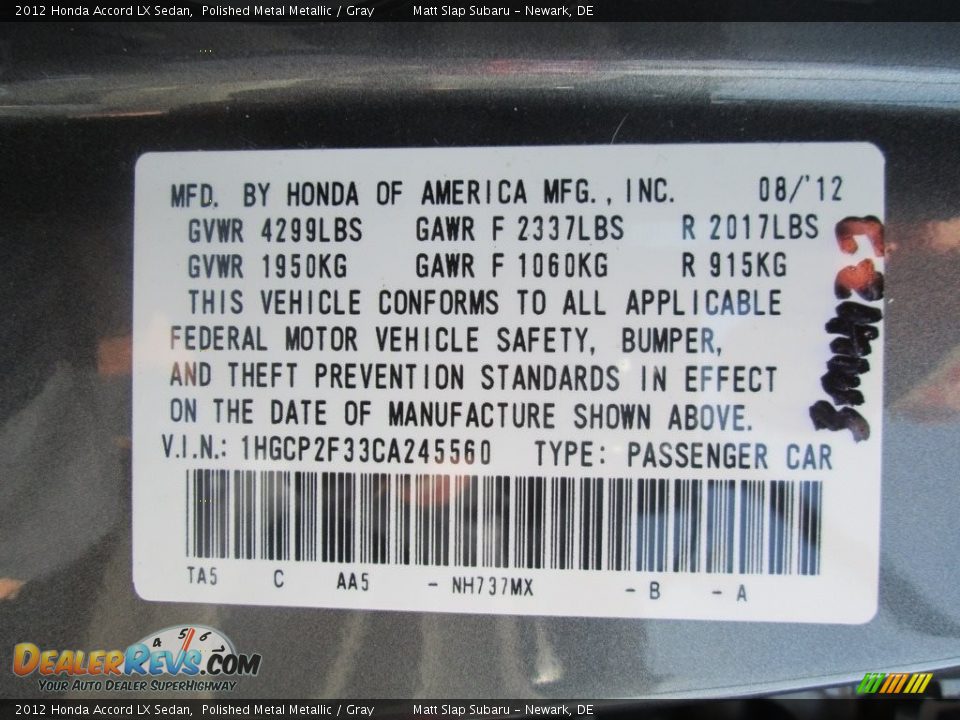 2012 Honda Accord LX Sedan Polished Metal Metallic / Gray Photo #28