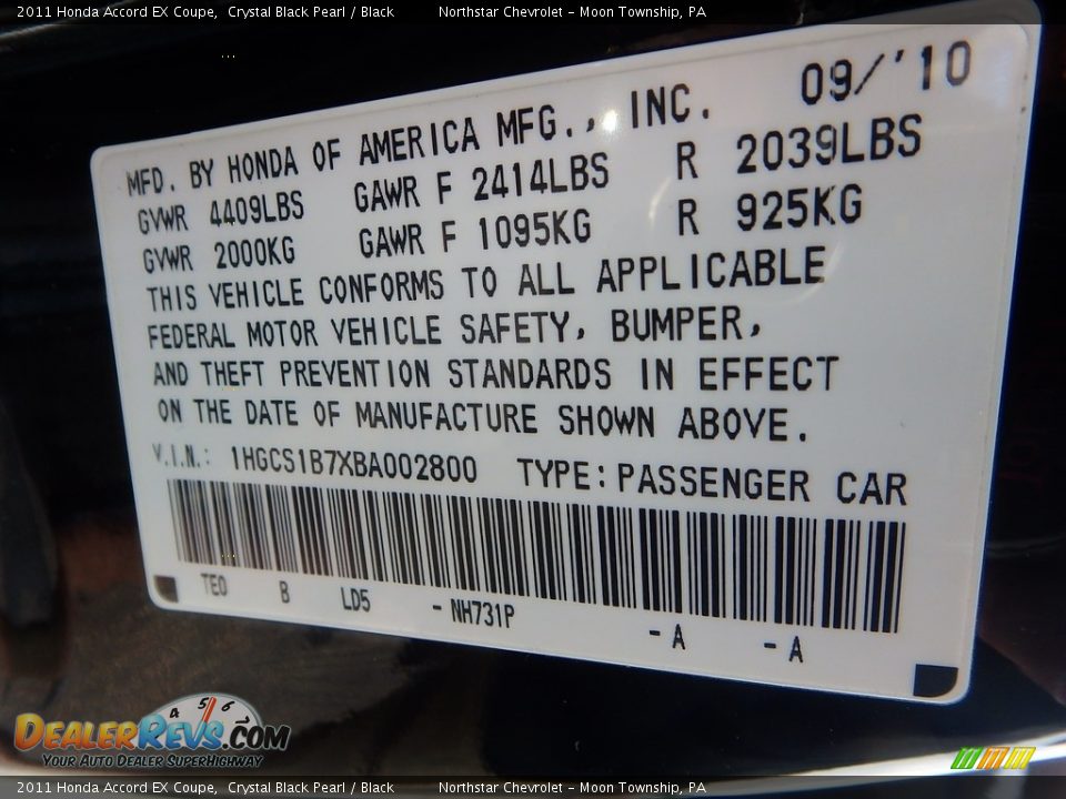 2011 Honda Accord EX Coupe Crystal Black Pearl / Black Photo #29