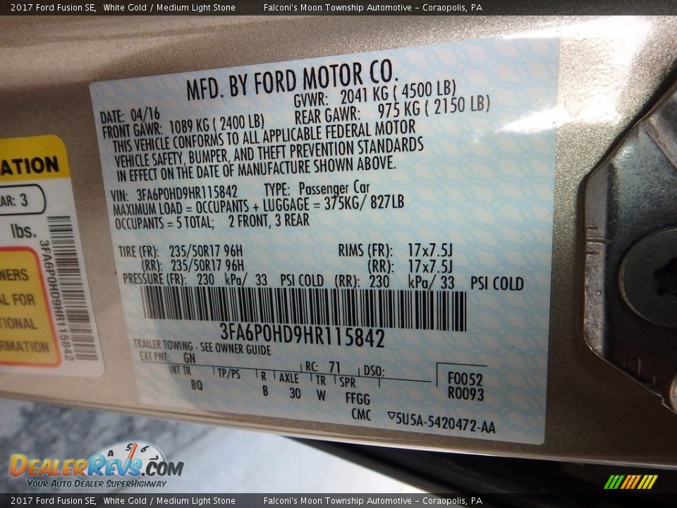 2017 Ford Fusion SE White Gold / Medium Light Stone Photo #23