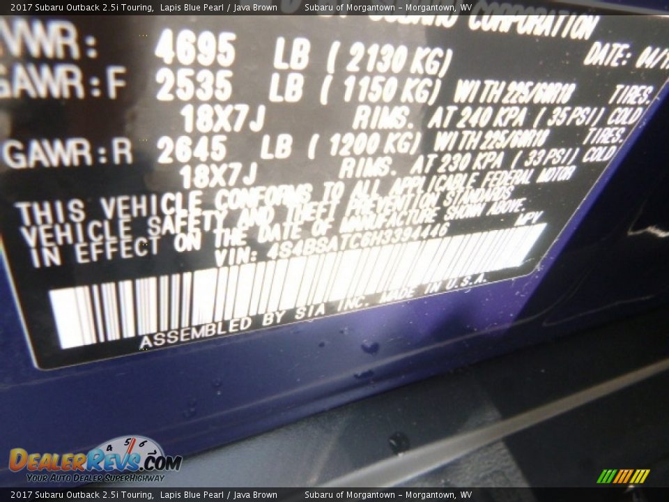 2017 Subaru Outback 2.5i Touring Lapis Blue Pearl / Java Brown Photo #15