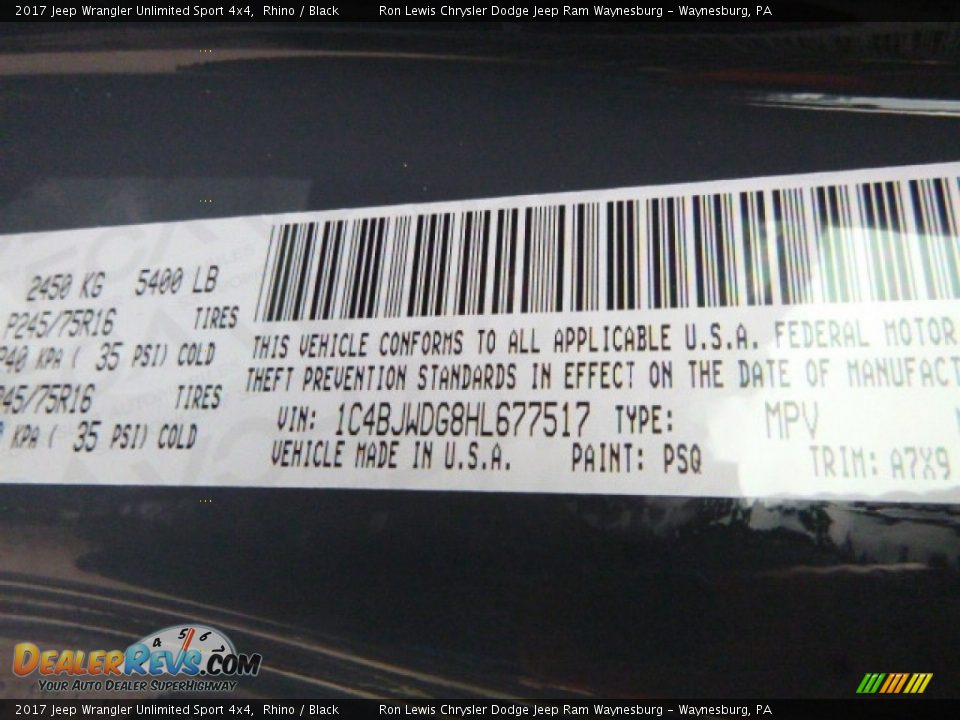 2017 Jeep Wrangler Unlimited Sport 4x4 Rhino / Black Photo #14