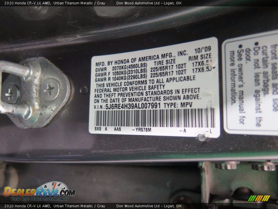 2010 Honda CR-V LX AWD Urban Titanium Metallic / Gray Photo #32