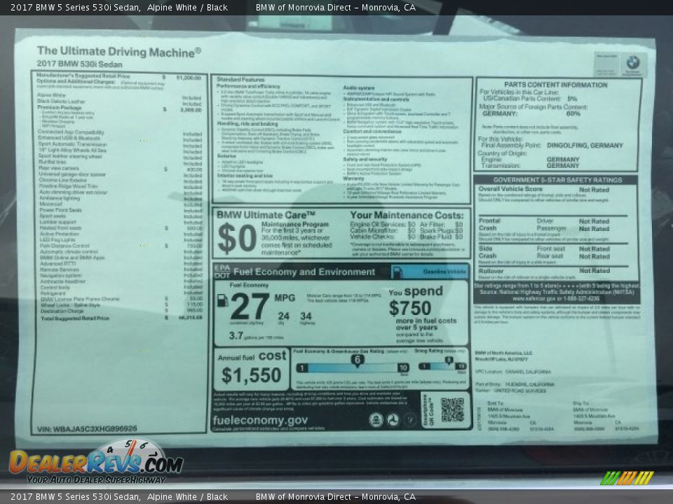 2017 BMW 5 Series 530i Sedan Alpine White / Black Photo #10