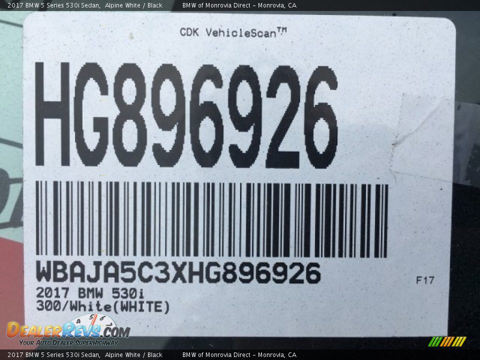 2017 BMW 5 Series 530i Sedan Alpine White / Black Photo #11