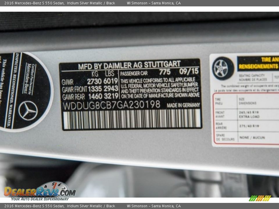 2016 Mercedes-Benz S 550 Sedan Iridium Silver Metallic / Black Photo #19