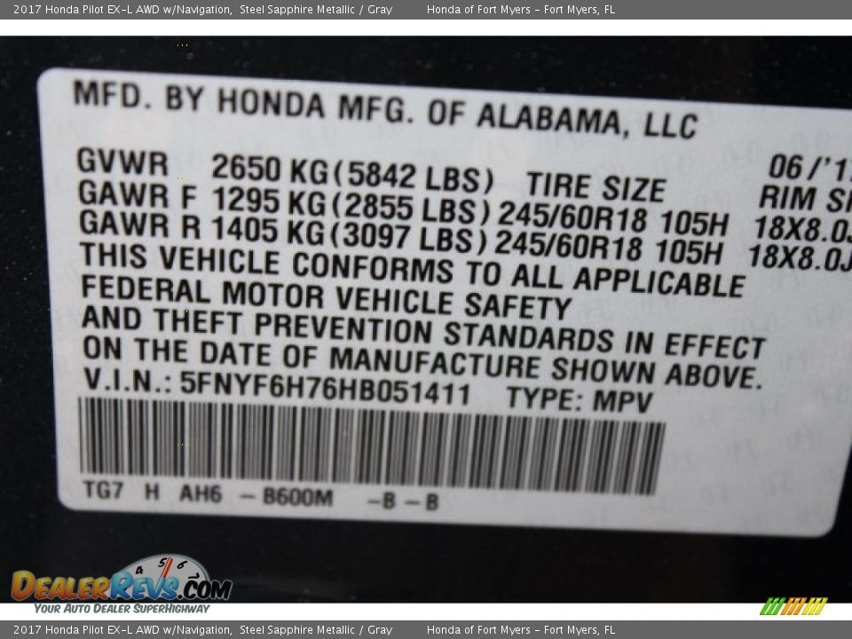 2017 Honda Pilot EX-L AWD w/Navigation Steel Sapphire Metallic / Gray Photo #28