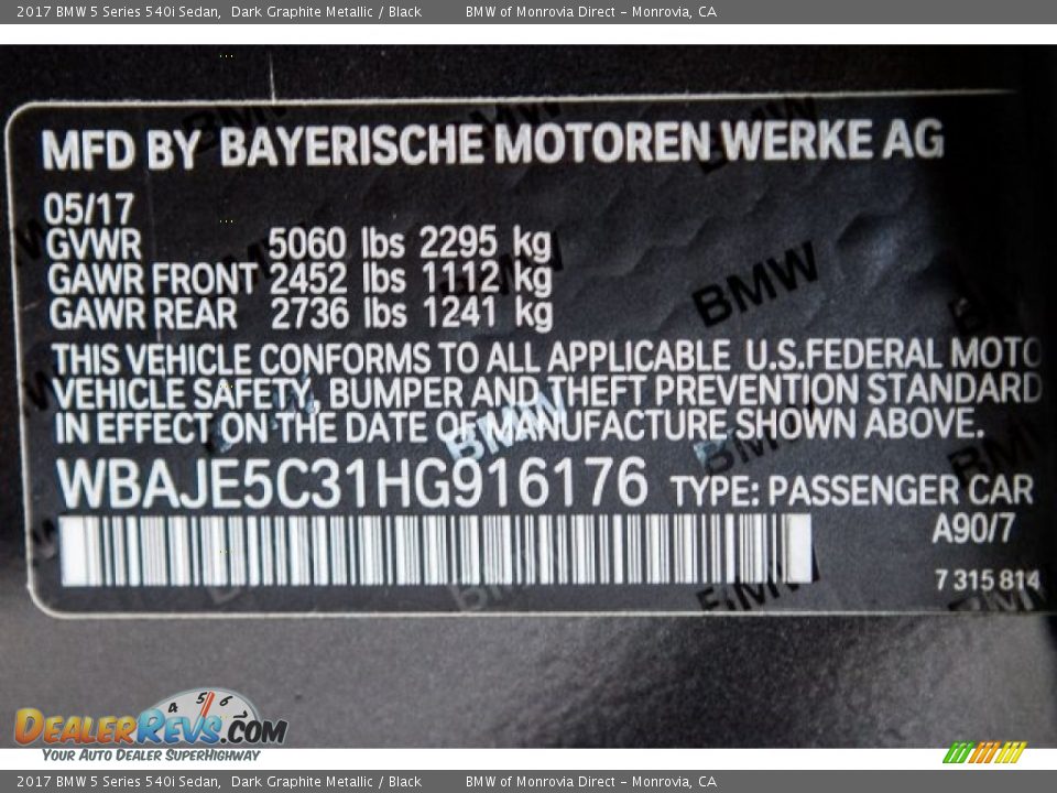 2017 BMW 5 Series 540i Sedan Dark Graphite Metallic / Black Photo #11