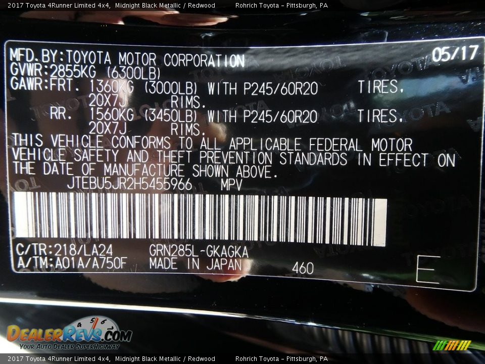 2017 Toyota 4Runner Limited 4x4 Midnight Black Metallic / Redwood Photo #10